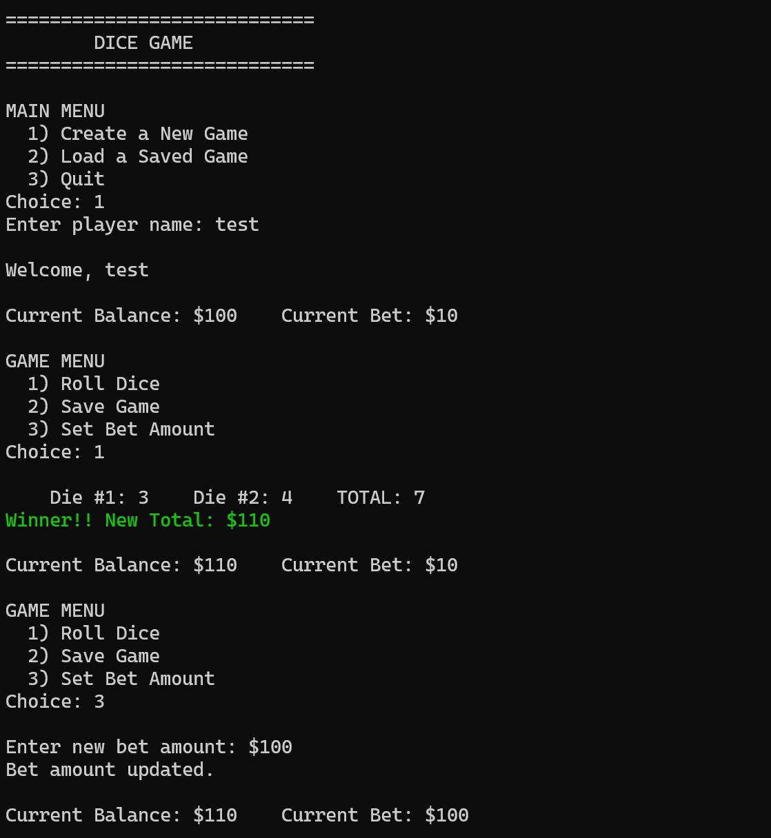Assembly Dice Game terminal screenshot