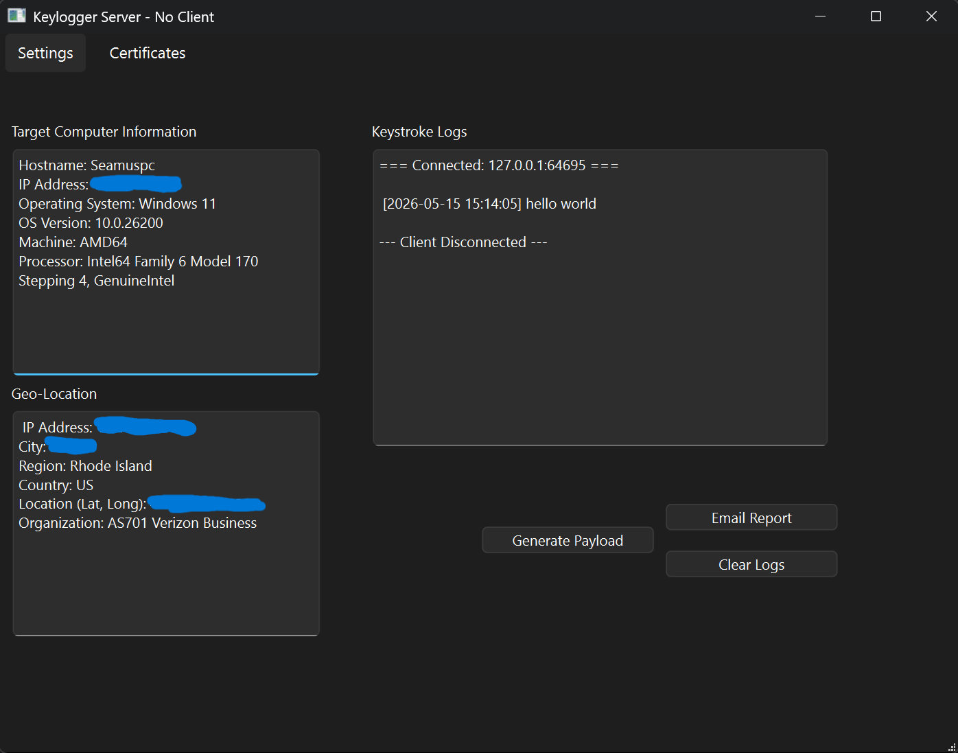 Signal Keylogger dashboard screenshot